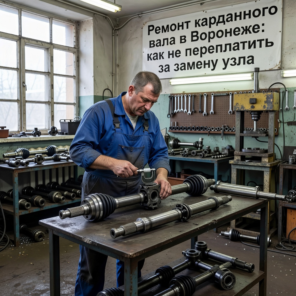 Create a high-quality, relevant image for an article about: Ремонт карданного вала в Воронеже: как не переплатить за замену узла. Не пиши ничего на фото, либо пишу на русском строго, проверяя все слова